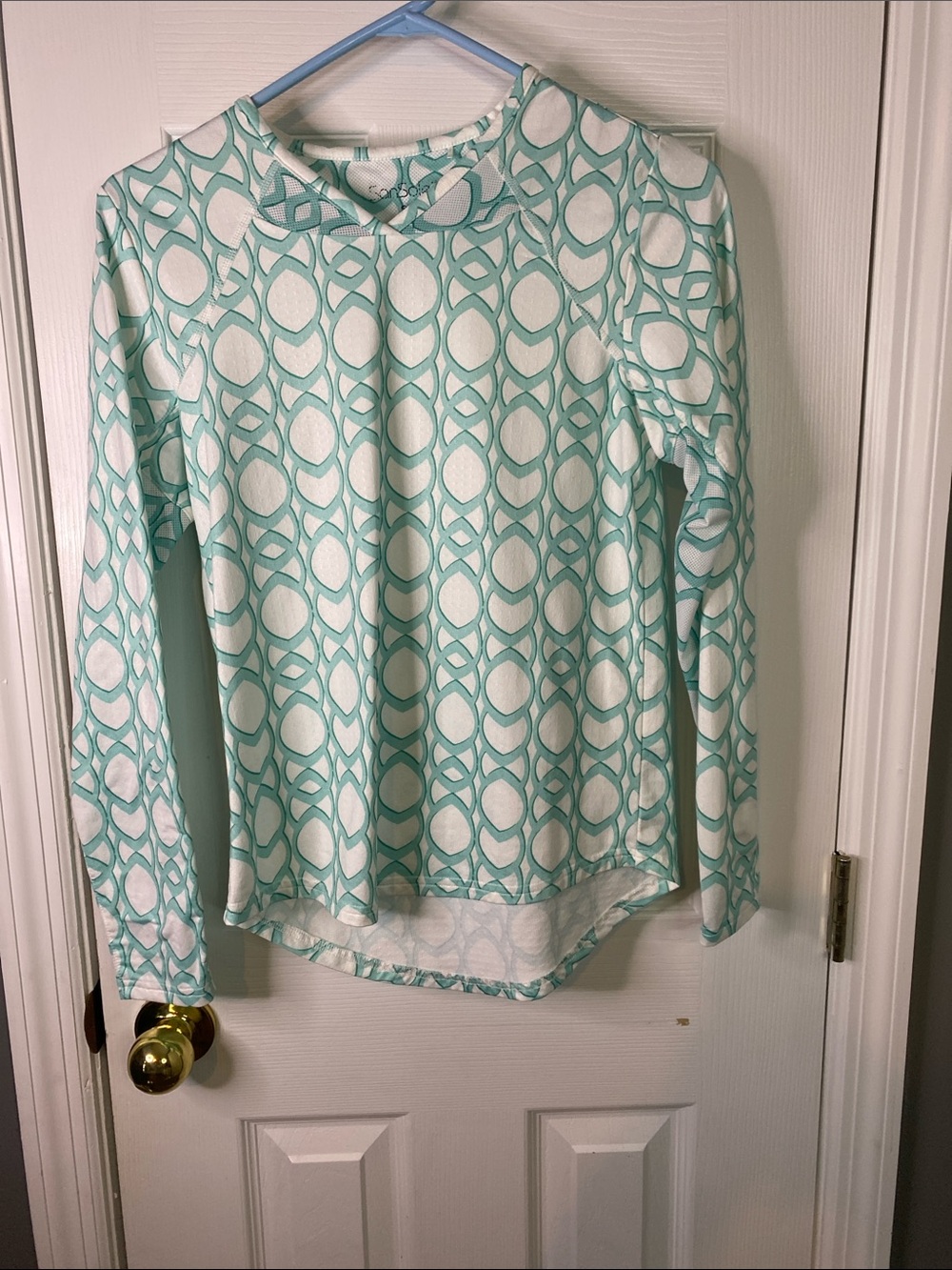 Sansoleil Aqua & White Geometric Long Sleeve Top Athletic Wear SizeSmall.